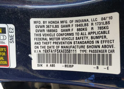 2010 Honda Civic Lx z USA, uszkodzony, nr VIN 19XFA1F5XAE058111
